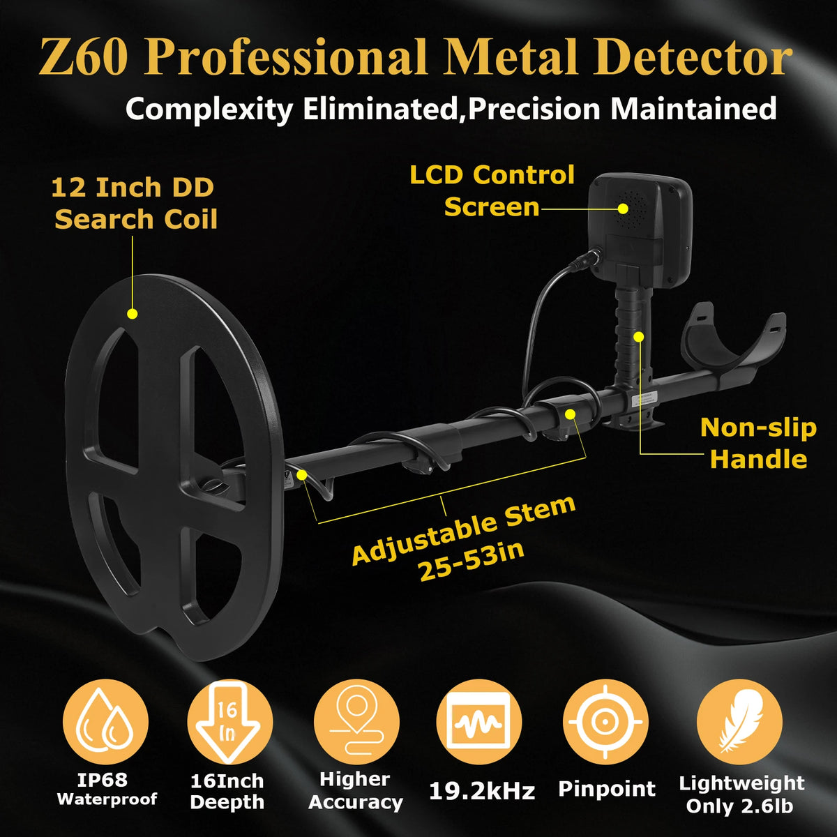 PRO-Z60 Metal Detector for Adults with Pin Pointer,Gold Metal detector,16" Detection Depth Professional Metal Detector Kit High Frequency 19.23kHz Gold Detector with Ground Balance,Double-D Waterproof Coil for Beach