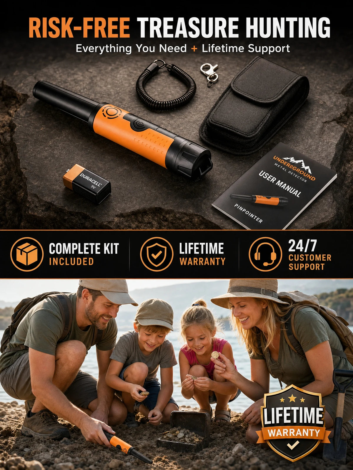 SUNPOW Handheld Pinpointer Metal Detector,IP68 Waterproof 360° Scan Audio Vibration Probe for Adult Beach Underground Detecting