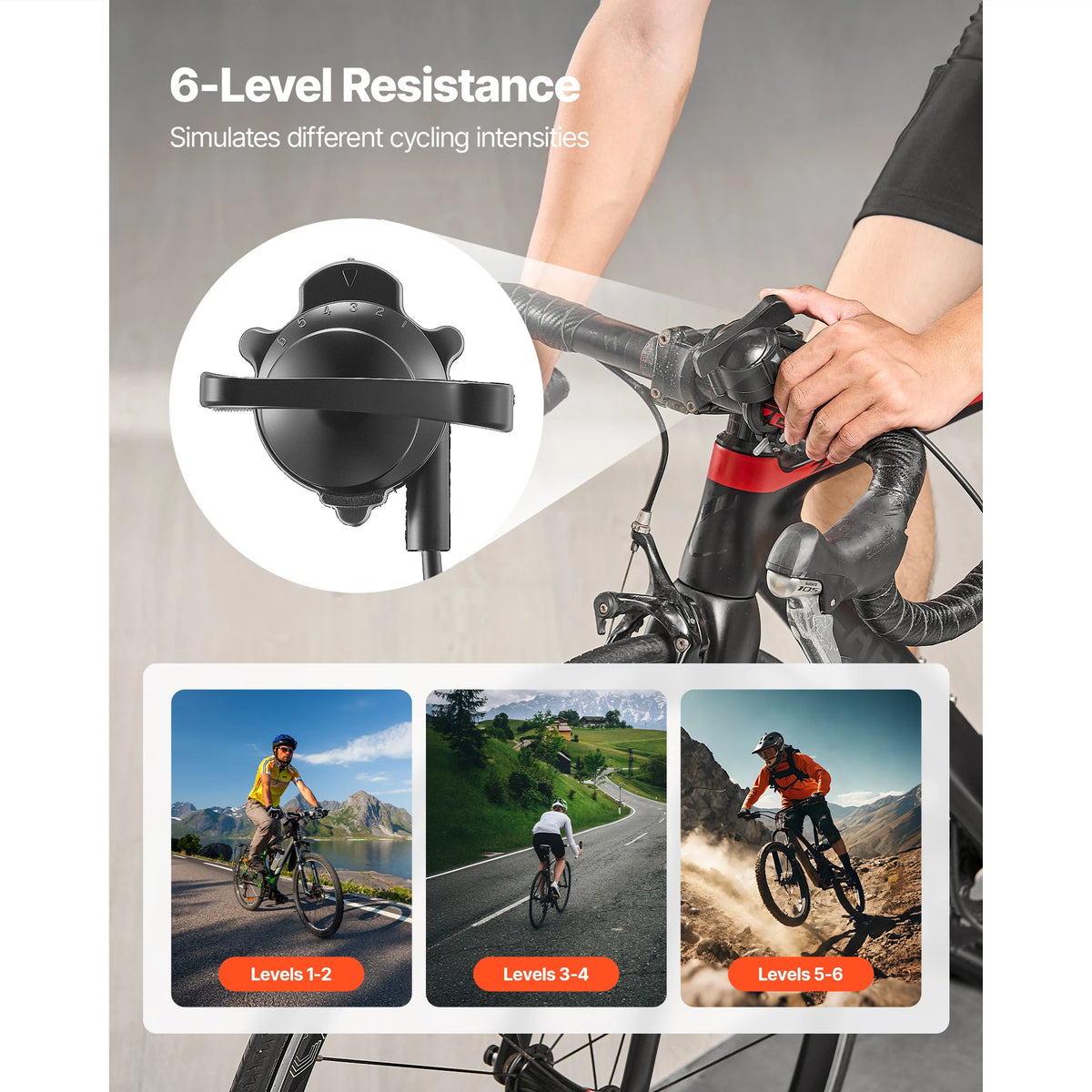 VEVOR Bike Trainer 6 Level Resistance 26-29 inch & 700C Wheels with Release Skewer & Front Wheel Riser Block for Road Bikes