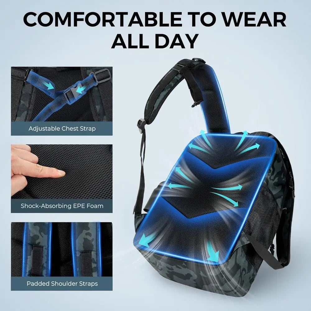 Water-Resistant Fishing Tackle Backpack with 2 Rod Holders and Large Storage, Camouflage Design