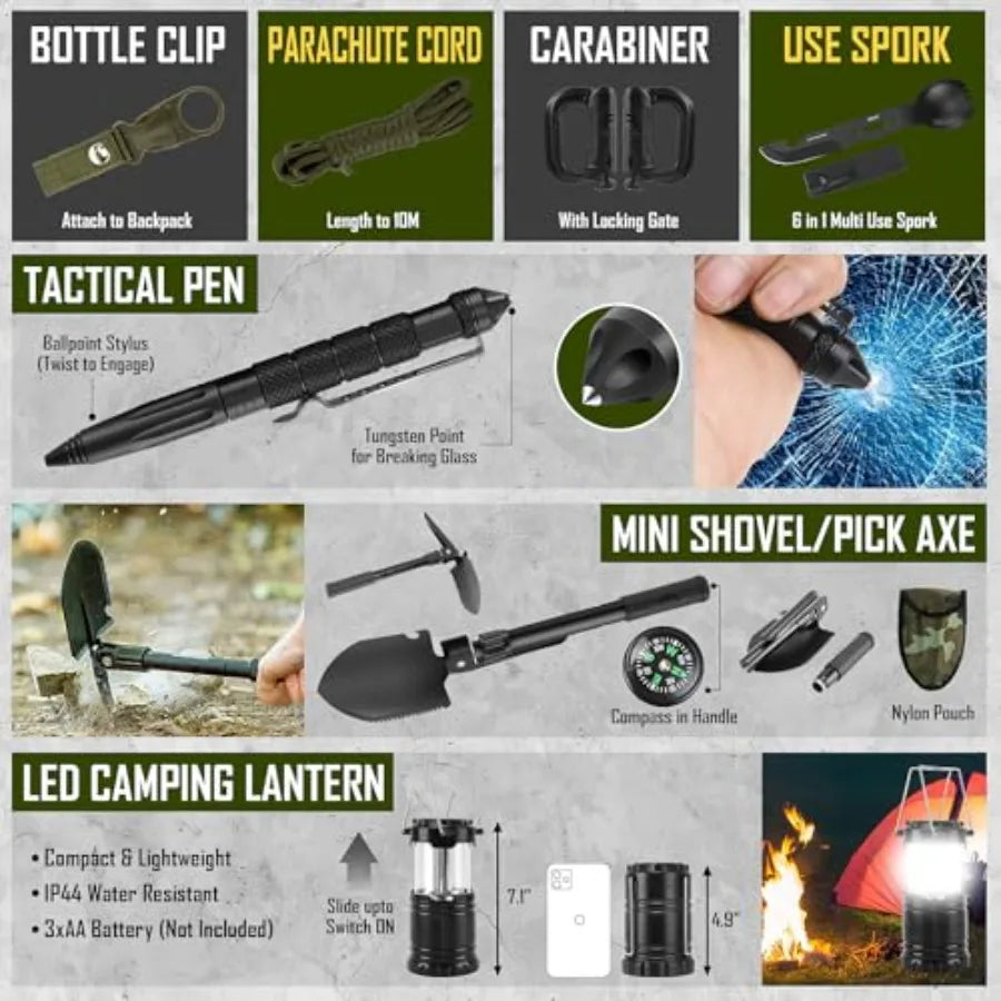 Survival Kit 268 Pcs Emergency Survival Gear and Equipment Supplies with First Aid Kit Camping Axe Headlamp Crossbody Bag for C