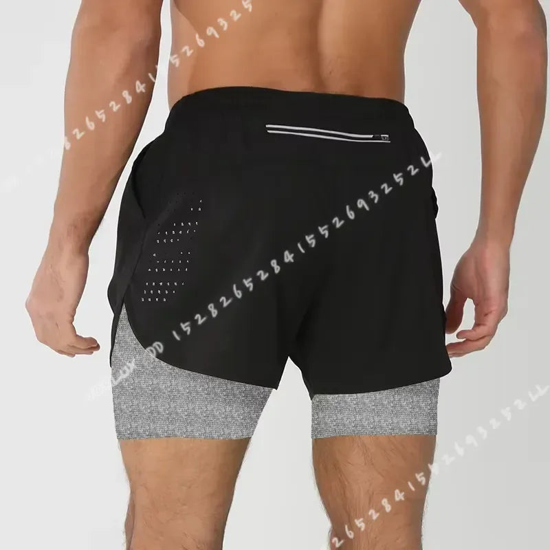 Men's Running Shorts Quick Dry Fitness Black Double Layer Sport Workout Training Bodybuilding Short Pants New