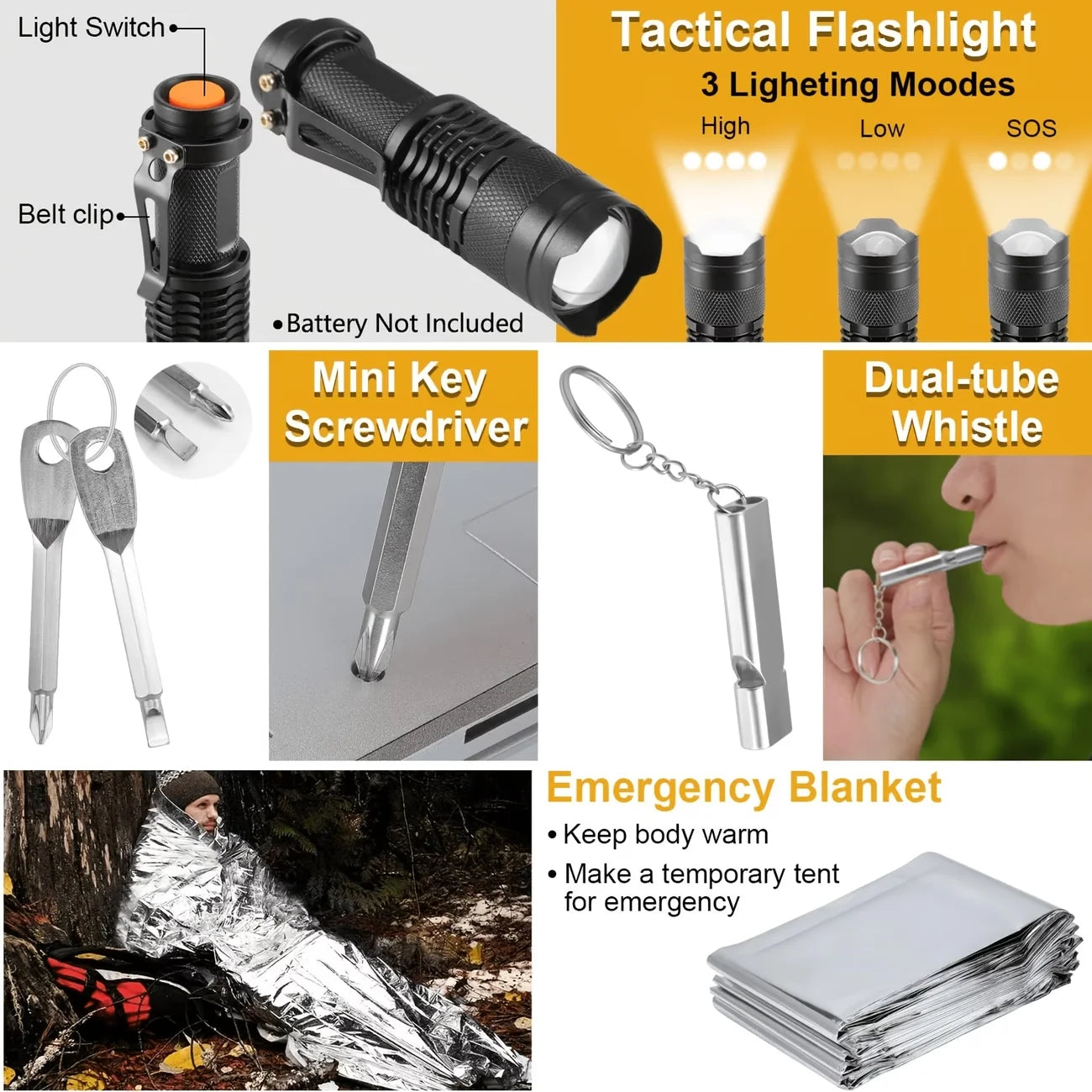 258-Piece Professional Survival & Outdoor Gear Set Comes with fire starters, compasses and multi-functional outdoor tools. Ideal for camping and adventure enthusiasts, perfect as gifts for men, fathers and husbands. Suitable
