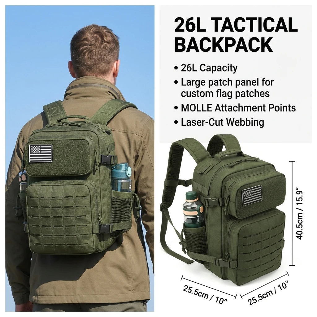 26L Men's Fishing Rucksack with MOLLE System & Double Cup Holders, Tactical Outdoor Hiking Backpack for Kayak Bass Trout River Fishing, Travel Camping Tackle Gear Storage Bag, Survival Kit