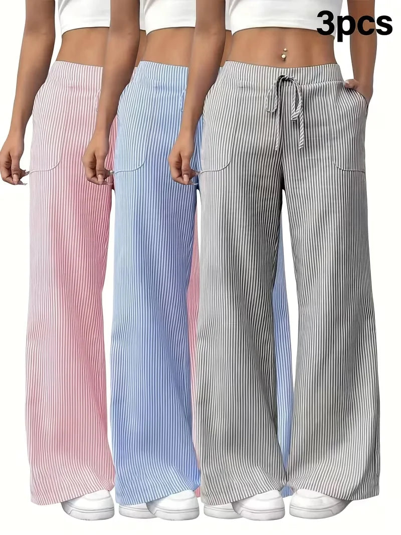 Three‑Piece Set of Women's Striped Wide‑Leg Athletic Pants ‑ High‑waisted Elastic Drawstring Waistband, Lightweight and Soft Sports Trousers, Suitable for Exercise, Running, Fitness and Home Leisure, With Pockets,