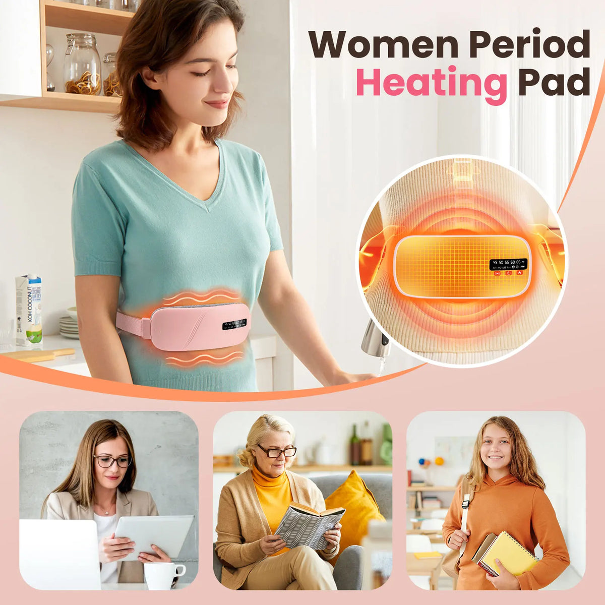 Heating Pad for Women, Vibrating Massager Belt with 5 Heat 45-65℃ & 4 Modes, Cordless Period Warm Compress, Abdominal Wrap