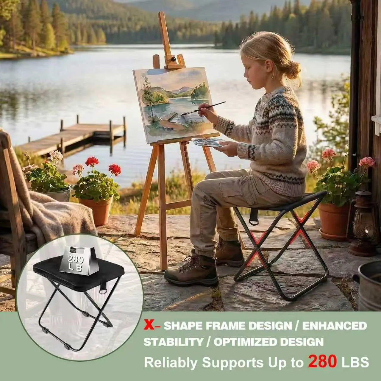 GMOX Camping Stool Portable Chair: All-Terrain Folding Carrying Pocket Stool, 4 Anti-Sink Feet, 270Lbs Capacity & 3s Setup. 5000 Cycle Tested for Rugged Sites, Camping, Fishing, Travel, Black.