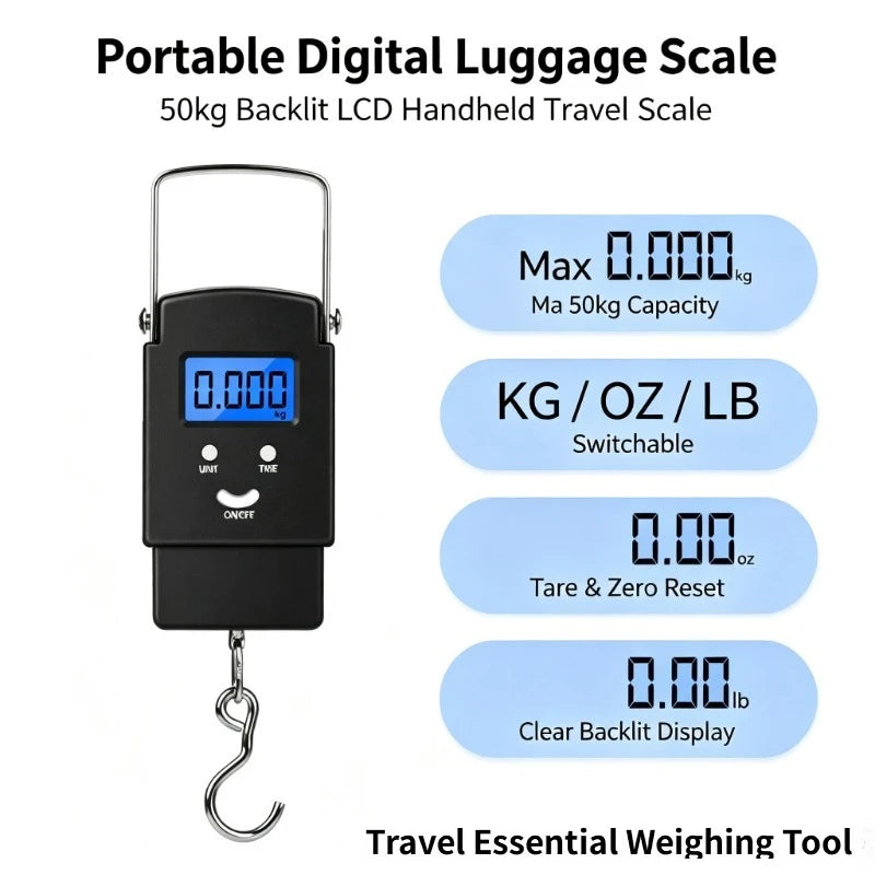 Portable Digital Hanging Luggage Scale, Multi-Unit Backlight LCD Hanging Scale Tare Function for Luggage Fishing Package Weighing