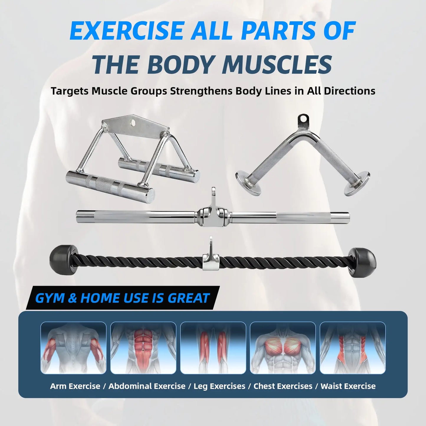 Tricep Press Down And Lat Pulldown Attachments With V Handle Rotating Bar
