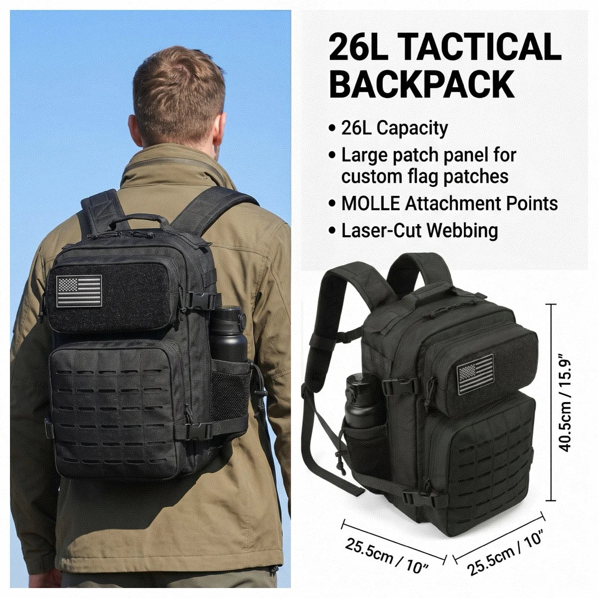 26L Men's Fishing Rucksack with MOLLE System & Double Cup Holders, Tactical Outdoor Hiking Backpack for Kayak Bass Trout River Fishing, Travel Camping Tackle Gear Storage Bag, Survival Kit