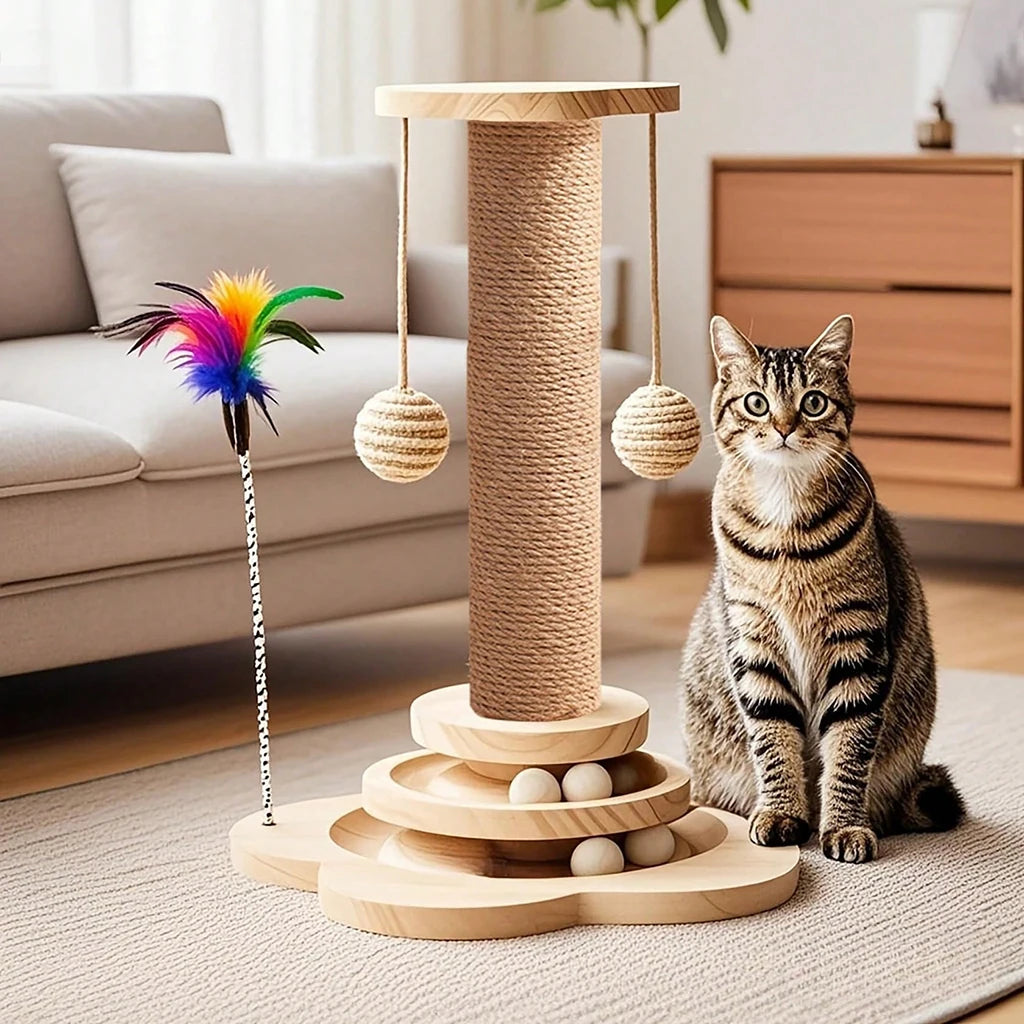 4-in-1 Wooden Cat Scratcher with Ball Track & Feather Toy Self-Play Kitten Activity Center Anti-Boredom Indoor Pet Supplies , Suitable For Indoor Kittens