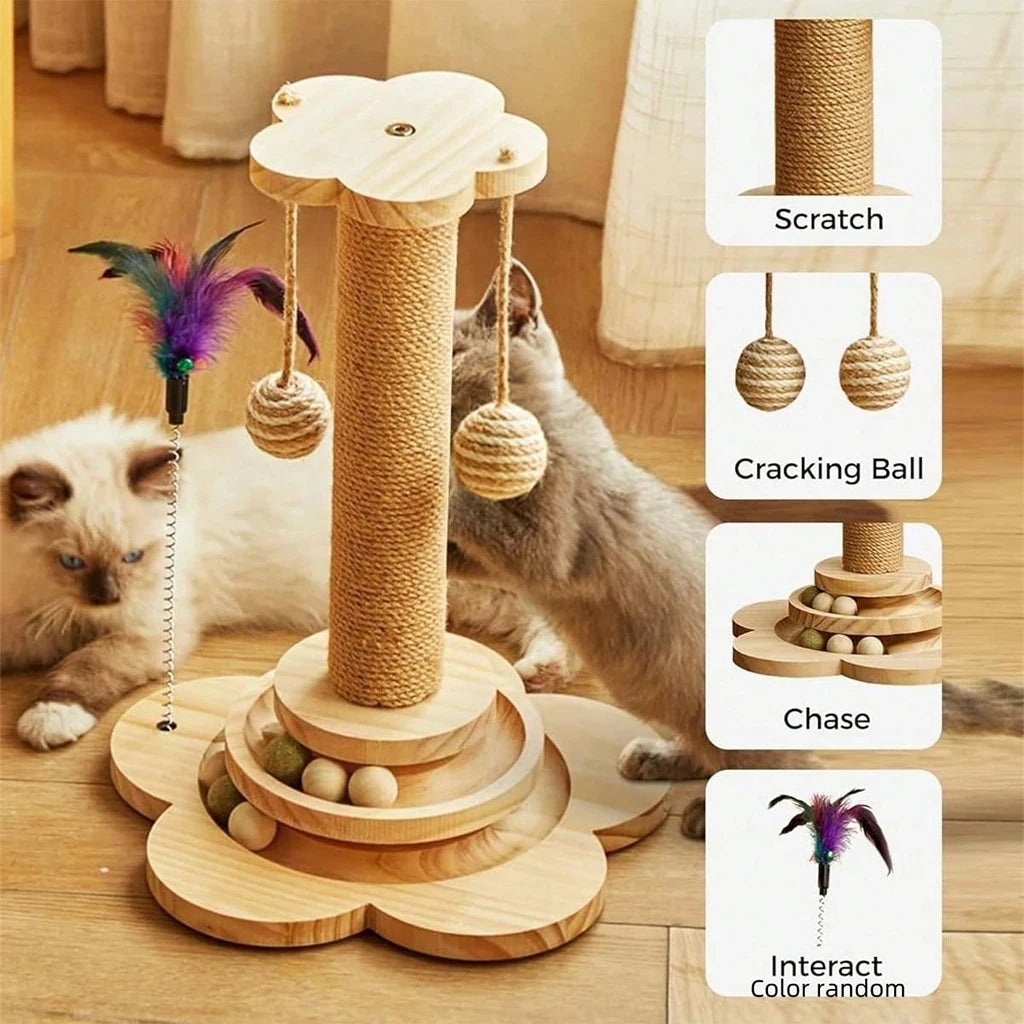 4-in-1 Wooden Cat Scratcher with Ball Track & Feather Toy Self-Play Kitten Activity Center Anti-Boredom Indoor Pet Supplies , Suitable For Indoor Kittens