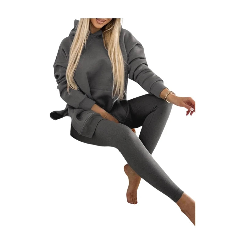 Pants Set Long Sleeve Hooded Pocket Loose Top High Waist Slim Leggings For Women Daily Home Fitness Jogging Outdoor Leisure Matching Outfit