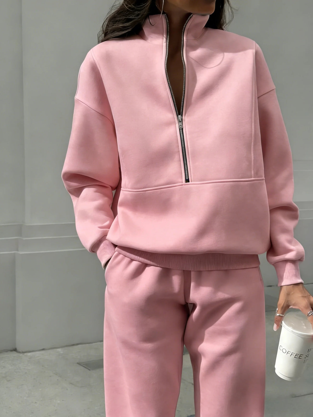 Women Half Zip 2 Piece Tracksuit Set, Stand Collar Long Sleeve Sweatshirt With Pocket & Elastic Waist Jogger Pants, Casual Loose Matching Loungewear Outfit