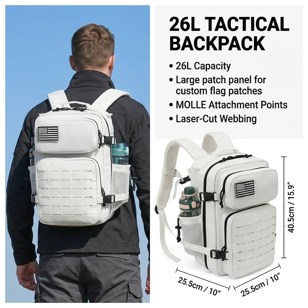 26L Men's Fishing Rucksack with MOLLE System & Double Cup Holders, Tactical Outdoor Hiking Backpack for Kayak Bass Trout River Fishing, Travel Camping Tackle Gear Storage Bag, Survival Kit